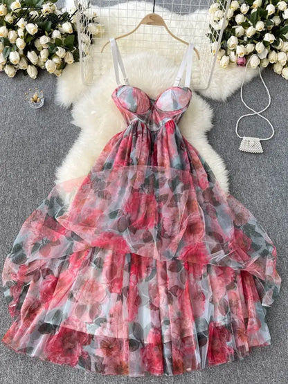 New Fashion Temperament Summer High-end Vacation Vestidos Women's V-neck Sexy Corset Midi Dress with Waist Strap GL080