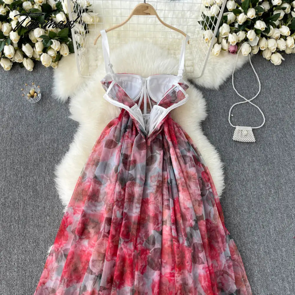 New Fashion Temperament Summer High-end Vacation Vestidos Women's V-neck Sexy Corset Midi Dress with Waist Strap GL080
