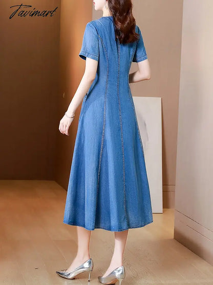New Free Shipping Vintage Women Long Mid-Calf Summer Denim M-2XL Short Sleeve Embroidery V-Neck Chinese Style Dresses