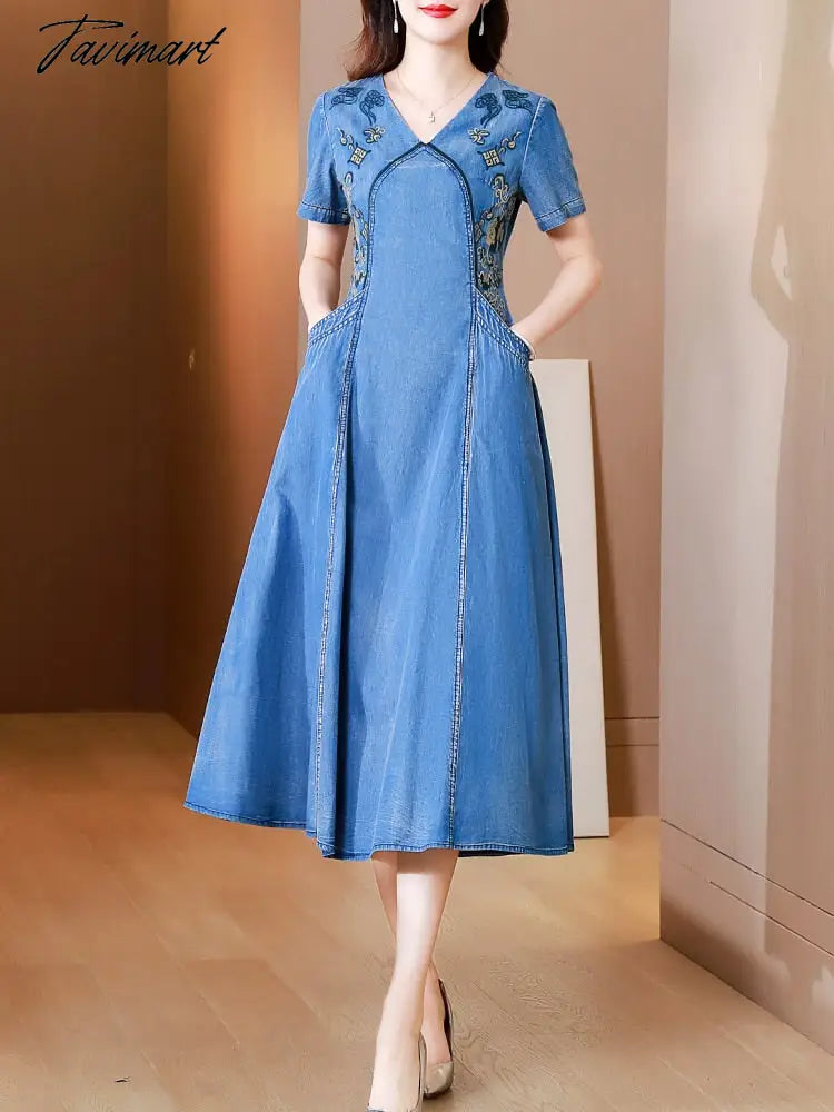 New Free Shipping Vintage Women Long Mid-Calf Summer Denim M-2XL Short Sleeve Embroidery V-Neck Chinese Style Dresses