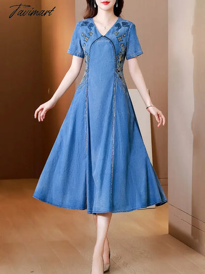 New Free Shipping Vintage Women Long Mid-Calf Summer Denim M-2XL Short Sleeve Embroidery V-Neck Chinese Style Dresses