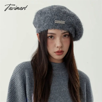 New Japanese Fluffy Mohair Knitted Berets Women's Autumn Winter Fashion Elegant Metal Labeling Plush Art Painter Hat Warm Hat