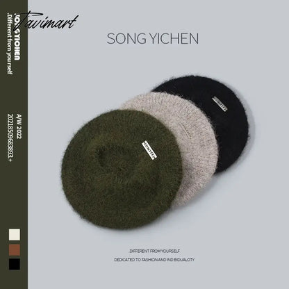 New Japanese Fluffy Mohair Knitted Berets Women's Autumn Winter Fashion Elegant Metal Labeling Plush Art Painter Hat Warm Hat