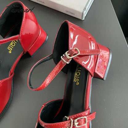 New Mary Jane Shoes Buckle Pumps Women Thick Heels Elegant Shallow Square Toe Footwear Party Office Lady Leather Shoes