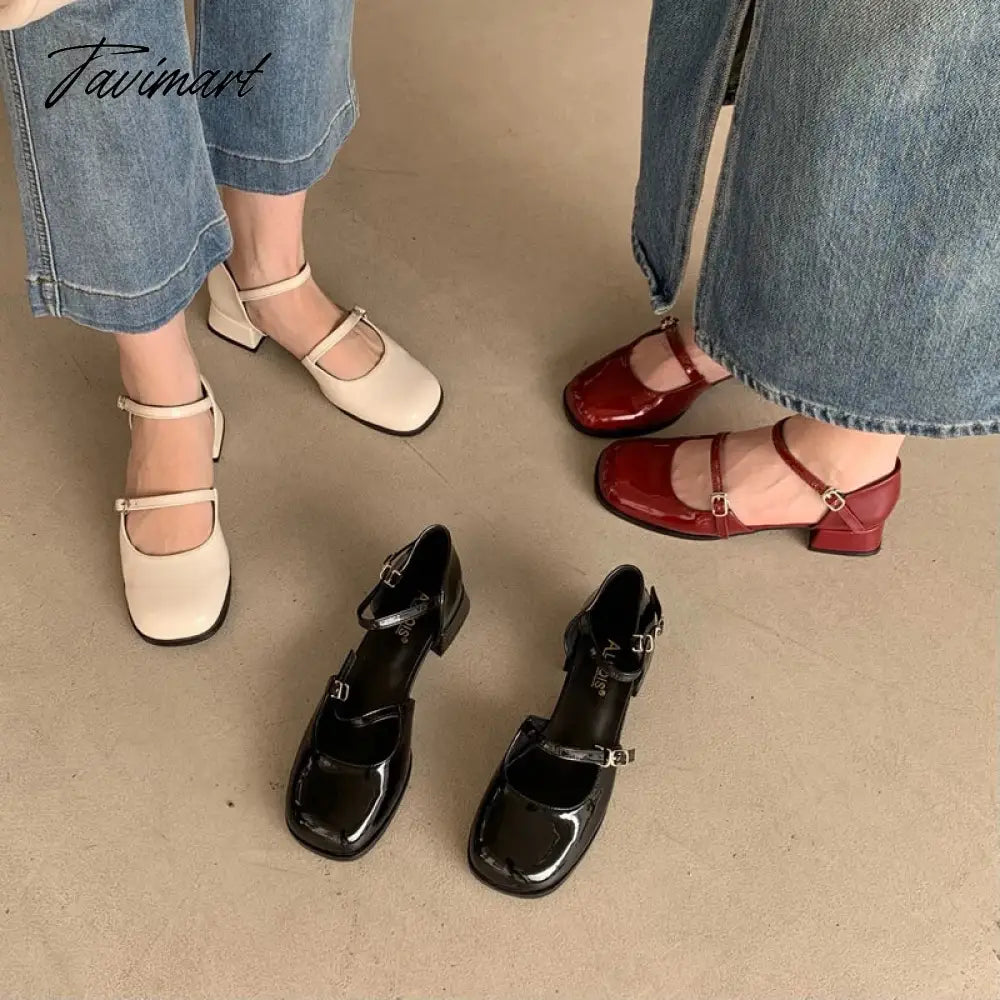 New Mary Jane Shoes Buckle Pumps Women Thick Heels Elegant Shallow Square Toe Footwear Party Office Lady Leather Shoes
