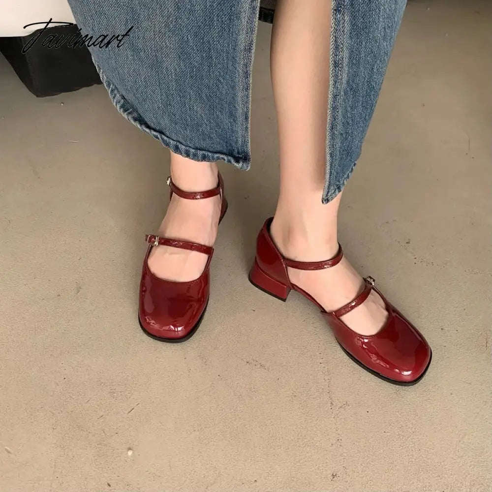 New Mary Jane Shoes Buckle Pumps Women Thick Heels Elegant Shallow Square Toe Footwear Party Office Lady Leather Shoes