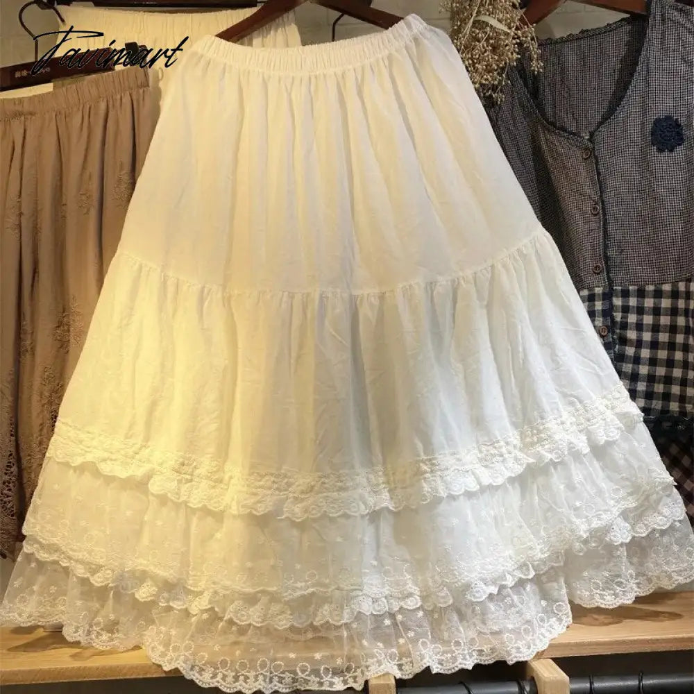 New Mori women's elastic waist plaid skirt lace stitching asymmetric Ruffle cake skirt female 6863