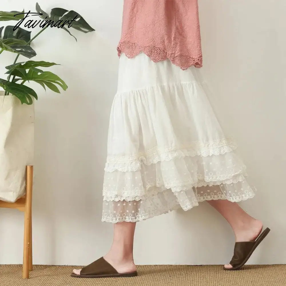 New Mori women's elastic waist plaid skirt lace stitching asymmetric Ruffle cake skirt female 6863