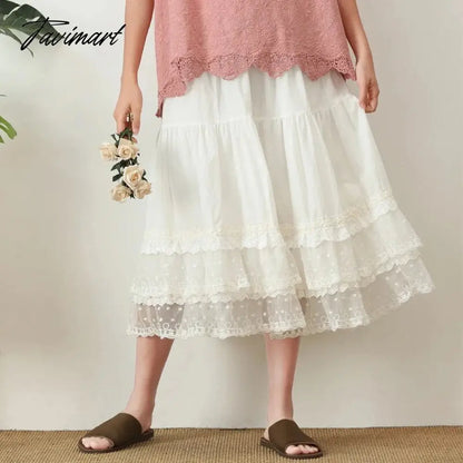 New Mori women's elastic waist plaid skirt lace stitching asymmetric Ruffle cake skirt female 6863