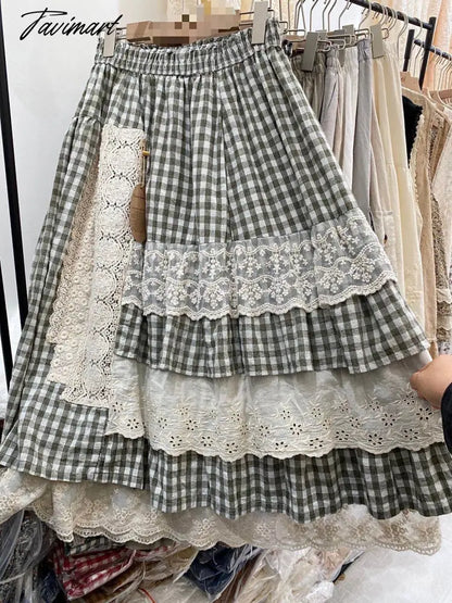 New Mori women's elastic waist plaid skirt lace stitching asymmetric Ruffle cake skirt female 6863