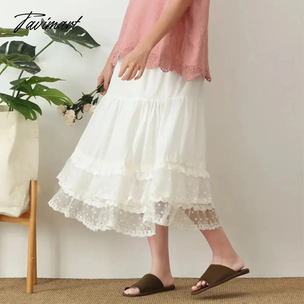 New Mori women's elastic waist plaid skirt lace stitching asymmetric Ruffle cake skirt female 6863