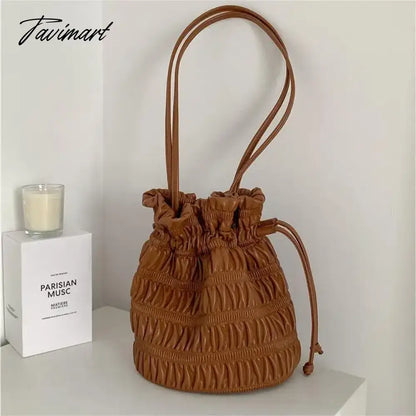 New shoulder bag female high-capacity personality trend bucket bag female drawstring PU soft leather fold bag Korea