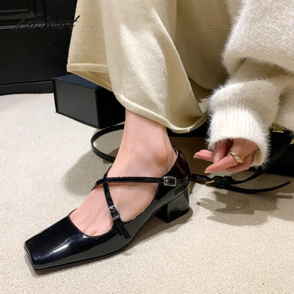 NEW Spring/Autumn Women Shoes Split Leather Shoes Square Toe Chunky Shoes for Women Fashion Cross-tied Women Pumps Ladies Shoes