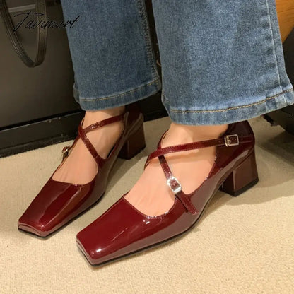 NEW Spring/Autumn Women Shoes Split Leather Shoes Square Toe Chunky Shoes for Women Fashion Cross-tied Women Pumps Ladies Shoes
