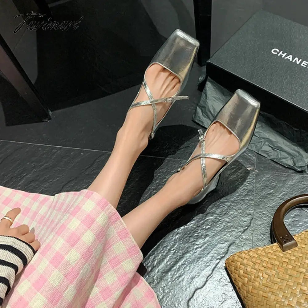 NEW Spring/Autumn Women Shoes Split Leather Shoes Square Toe Chunky Shoes for Women Fashion Cross-tied Women Pumps Ladies Shoes