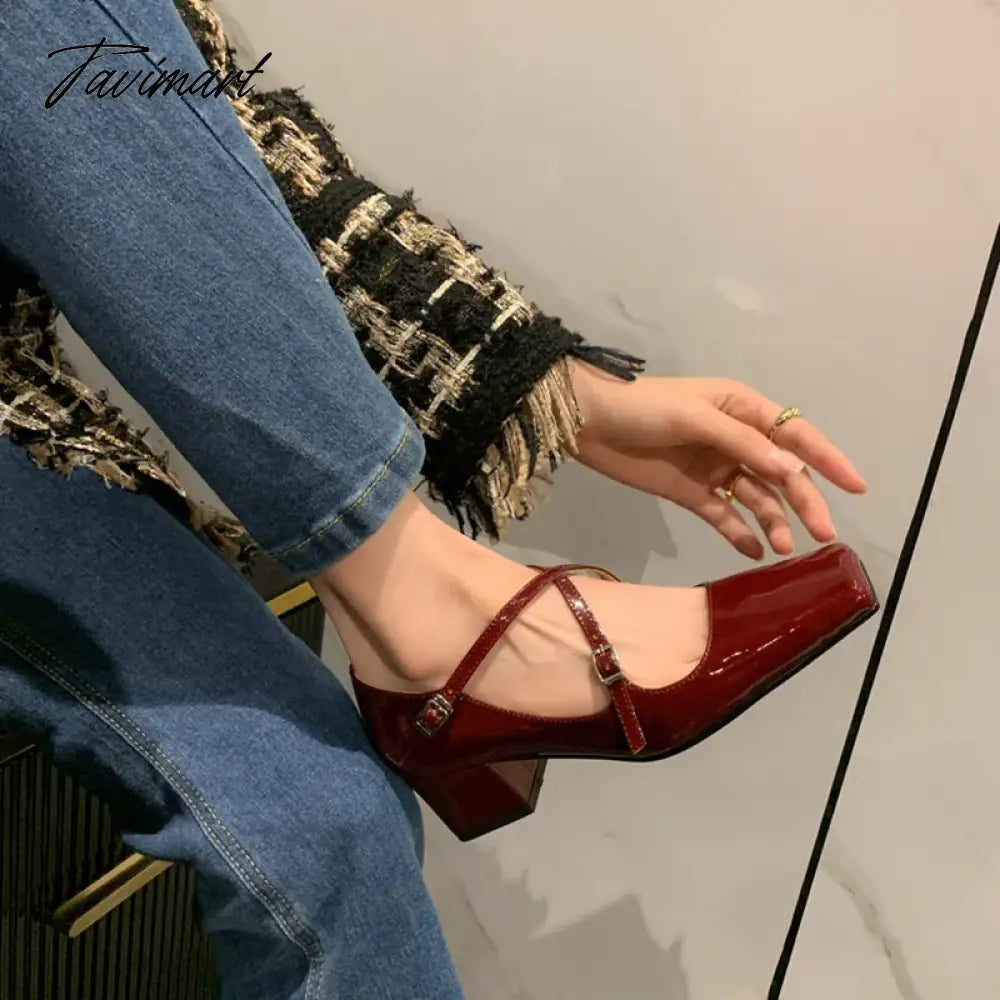 NEW Spring/Autumn Women Shoes Split Leather Shoes Square Toe Chunky Shoes for Women Fashion Cross-tied Women Pumps Ladies Shoes