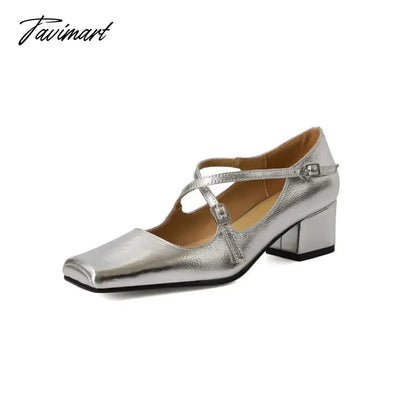 NEW Spring/Autumn Women Shoes Split Leather Shoes Square Toe Chunky Shoes for Women Fashion Cross-tied Women Pumps Ladies Shoes