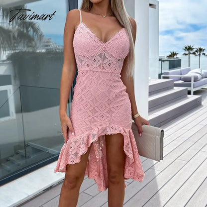 New Summer Women Clothing Lady Ruffle Dresses Sexy Hollow Solid Mermaid Party Dress Elegant Solid Bodycon Lace Mid Dress