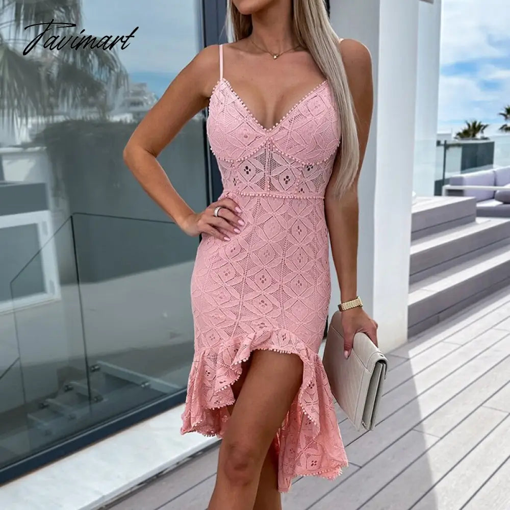 New Summer Women Clothing Lady Ruffle Dresses Sexy Hollow Solid Mermaid Party Dress Elegant Solid Bodycon Lace Mid Dress