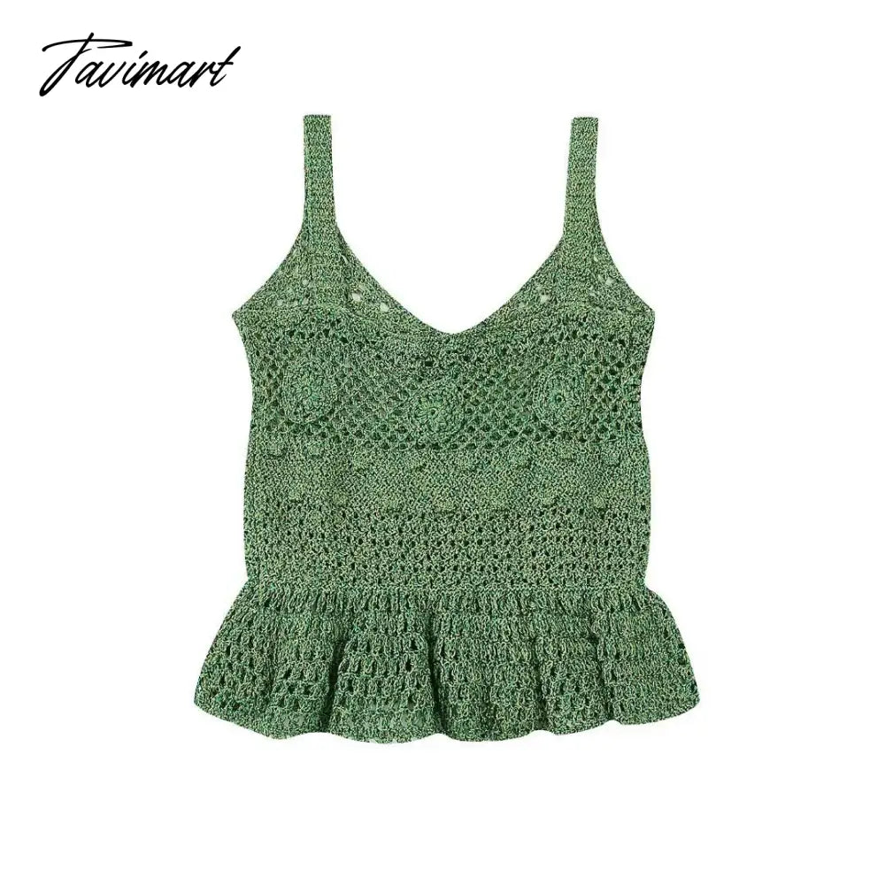 NEW Summer Women Green Spaghetti Strap V-Neck Vintage Casual Sweet Streewear Hollow out Top