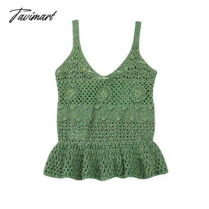 NEW Summer Women Green Spaghetti Strap V-Neck Vintage Casual Sweet Streewear Hollow out Top