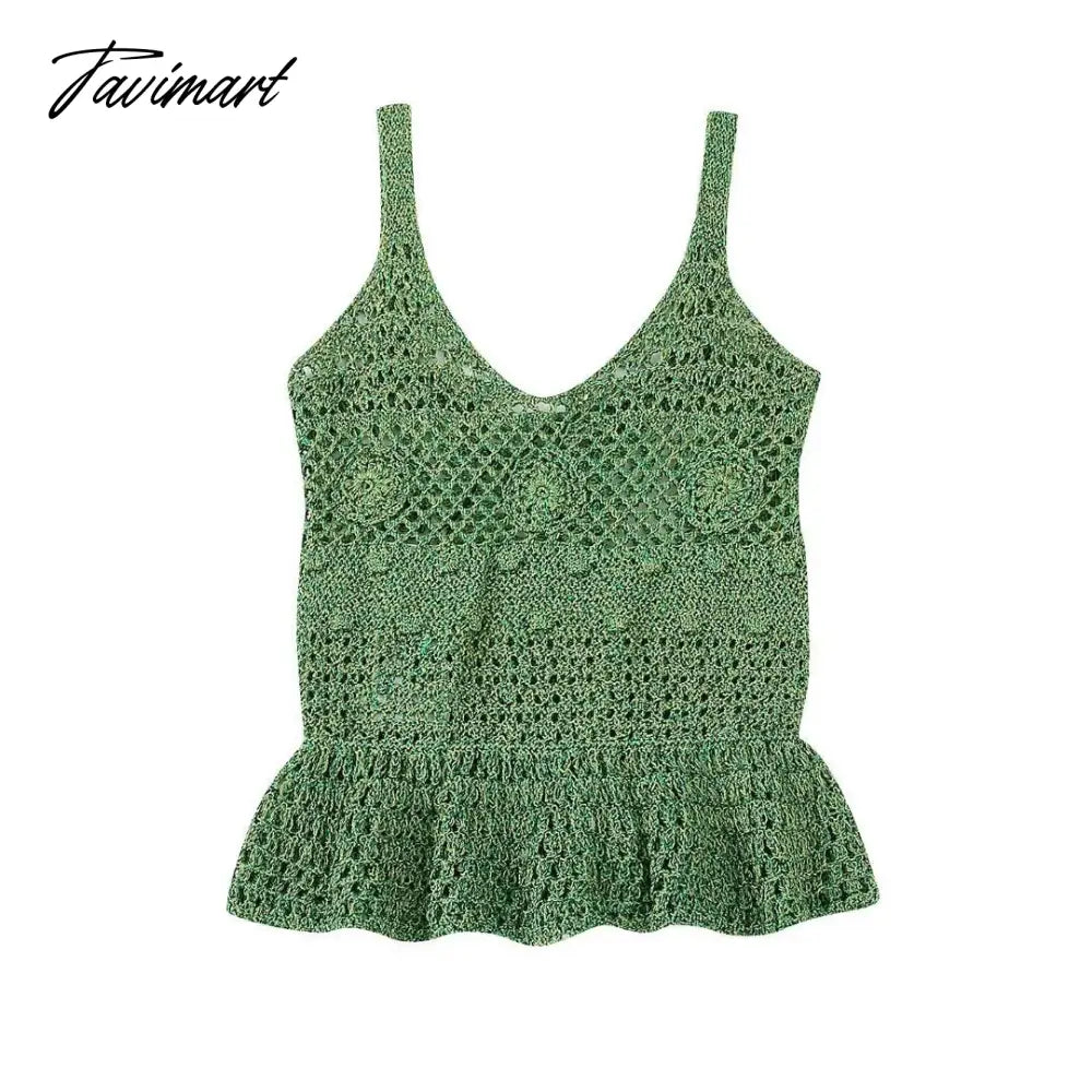 NEW Summer Women Green Spaghetti Strap V-Neck Vintage Casual Sweet Streewear Hollow out Top