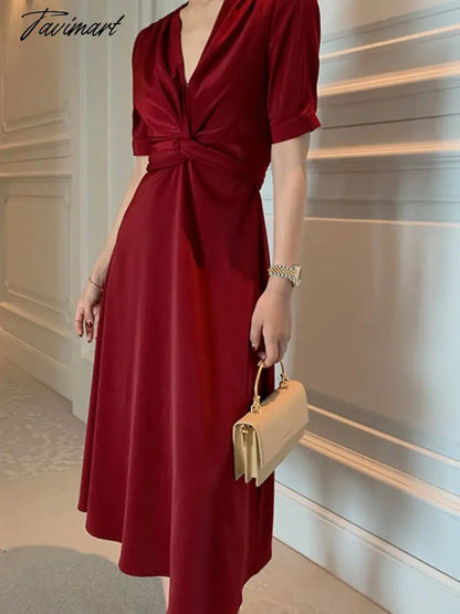 New Summer Women's Dress Solid Color Retro Noble Satin Elegant Drape Slim V-neck Short-sleeved Mid-length A-line Skirt Dress