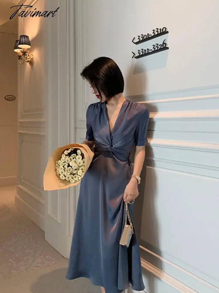 New Summer Women's Dress Solid Color Retro Noble Satin Elegant Drape Slim V-neck Short-sleeved Mid-length A-line Skirt Dress