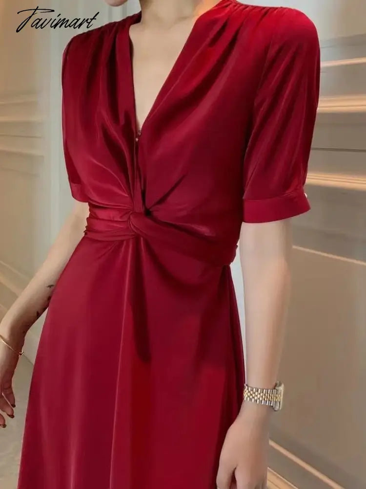 New Summer Women's Dress Solid Color Retro Noble Satin Elegant Drape Slim V-neck Short-sleeved Mid-length A-line Skirt Dress
