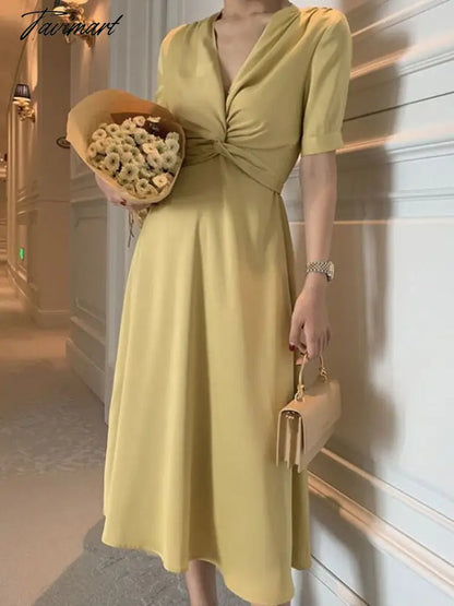 New Summer Women's Dress Solid Color Retro Noble Satin Elegant Drape Slim V-neck Short-sleeved Mid-length A-line Skirt Dress