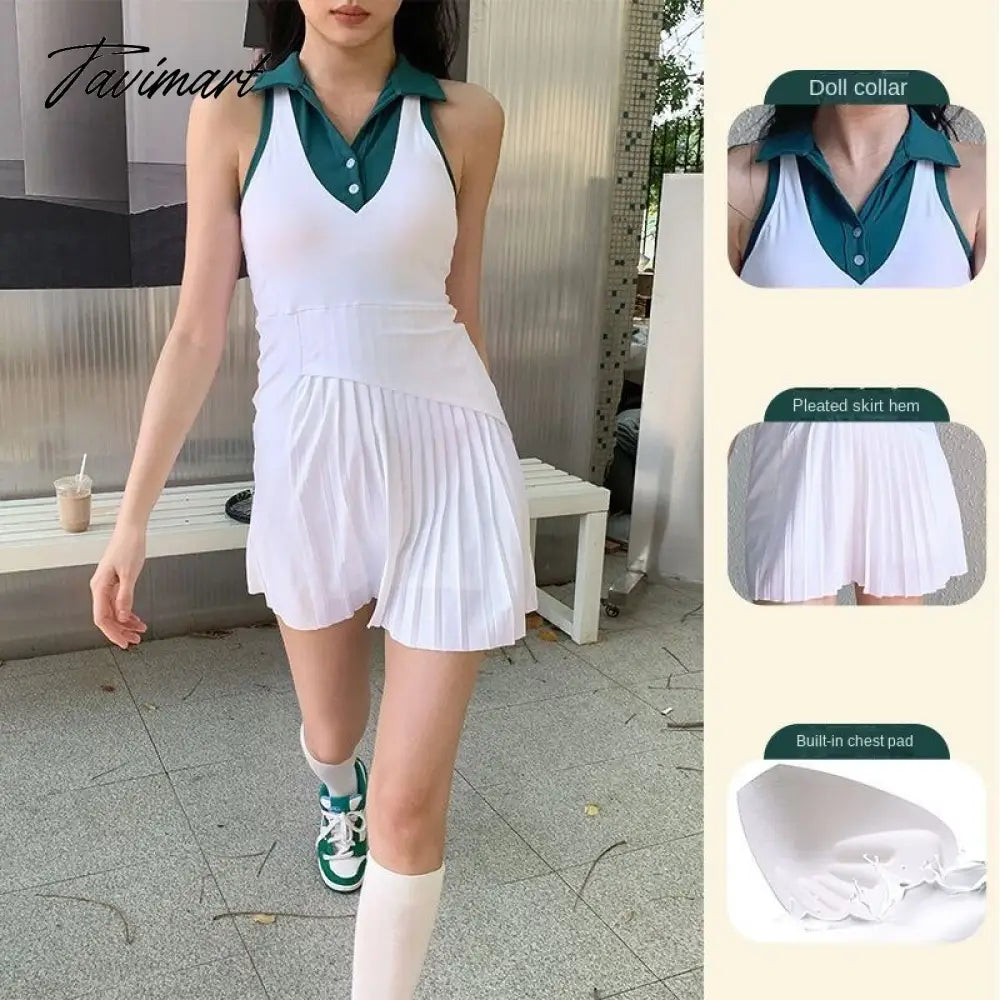 New Tennis Dress Nude Fabric Dance Badminton Sports Dress Pleated Skirt Two-piece Suit Tennis Skirt Dress with Shorts and Pocket