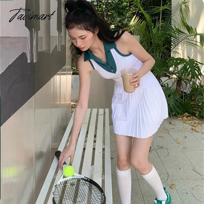 New Tennis Dress Nude Fabric Dance Badminton Sports Dress Pleated Skirt Two-piece Suit Tennis Skirt Dress with Shorts and Pocket