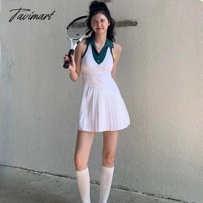 New Tennis Dress Nude Fabric Dance Badminton Sports Dress Pleated Skirt Two-piece Suit Tennis Skirt Dress with Shorts and Pocket