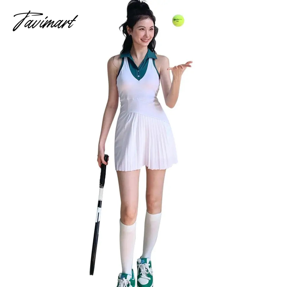 New Tennis Dress Nude Fabric Dance Badminton Sports Dress Pleated Skirt Two-piece Suit Tennis Skirt Dress with Shorts and Pocket