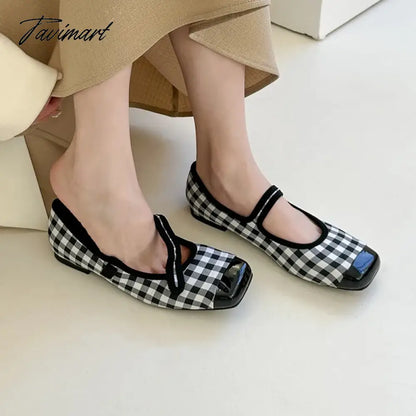 New Women Flats Square Toe Retro Single Shoes Buckle Checkerboard Mary Jane Shoes Soft Ballerina Flats Mujer