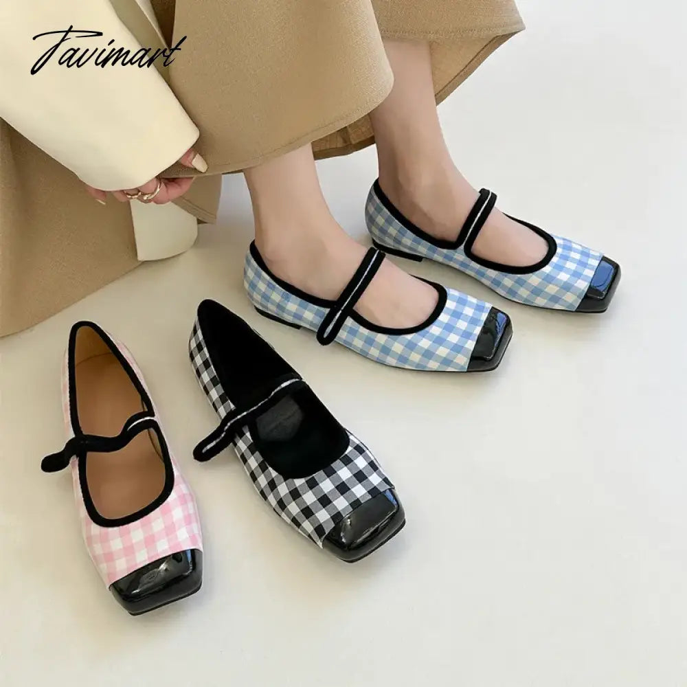 New Women Flats Square Toe Retro Single Shoes Buckle Checkerboard Mary Jane Shoes Soft Ballerina Flats Mujer