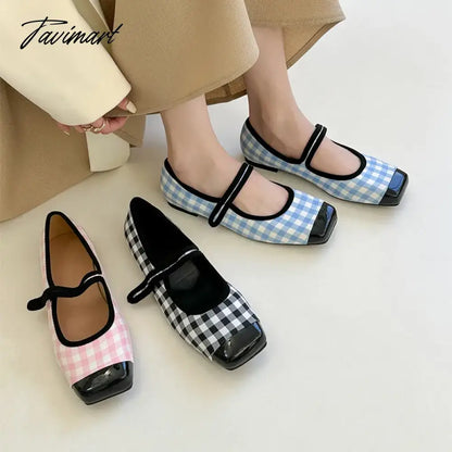 New Women Flats Square Toe Retro Single Shoes Buckle Checkerboard Mary Jane Shoes Soft Ballerina Flats Mujer