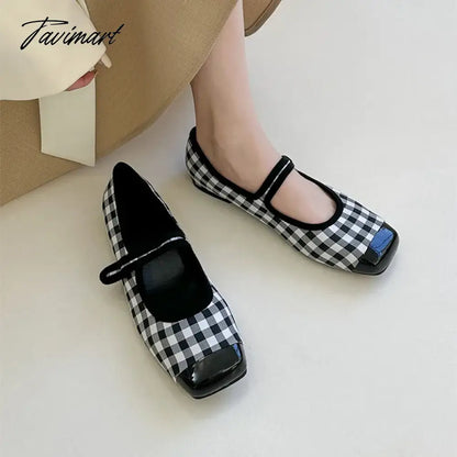 New Women Flats Square Toe Retro Single Shoes Buckle Checkerboard Mary Jane Shoes Soft Ballerina Flats Mujer