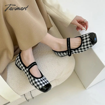 New Women Flats Square Toe Retro Single Shoes Buckle Checkerboard Mary Jane Shoes Soft Ballerina Flats Mujer