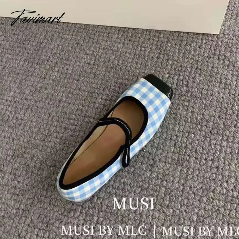 New Women Flats Square Toe Retro Single Shoes Buckle Checkerboard Mary Jane Shoes Soft Ballerina Flats Mujer