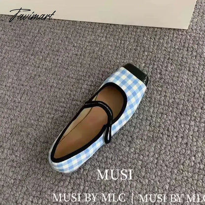 New Women Flats Square Toe Retro Single Shoes Buckle Checkerboard Mary Jane Shoes Soft Ballerina Flats Mujer