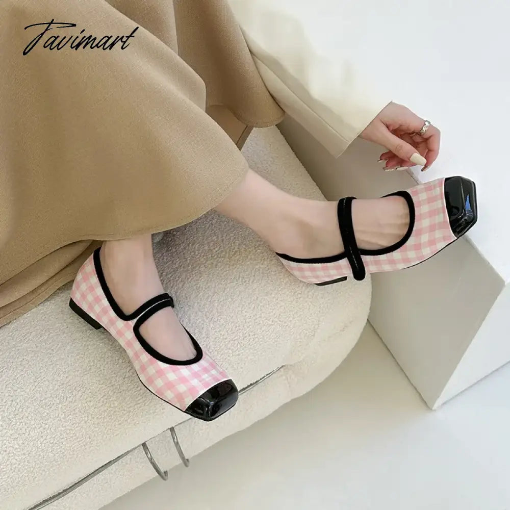 New Women Flats Square Toe Retro Single Shoes Buckle Checkerboard Mary Jane Shoes Soft Ballerina Flats Mujer
