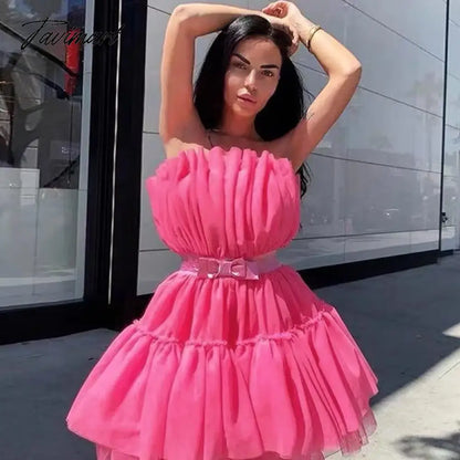 New Women's Dress Mesh Princess Pleated Off Shoulder Bow Dresses Mujer Vestido