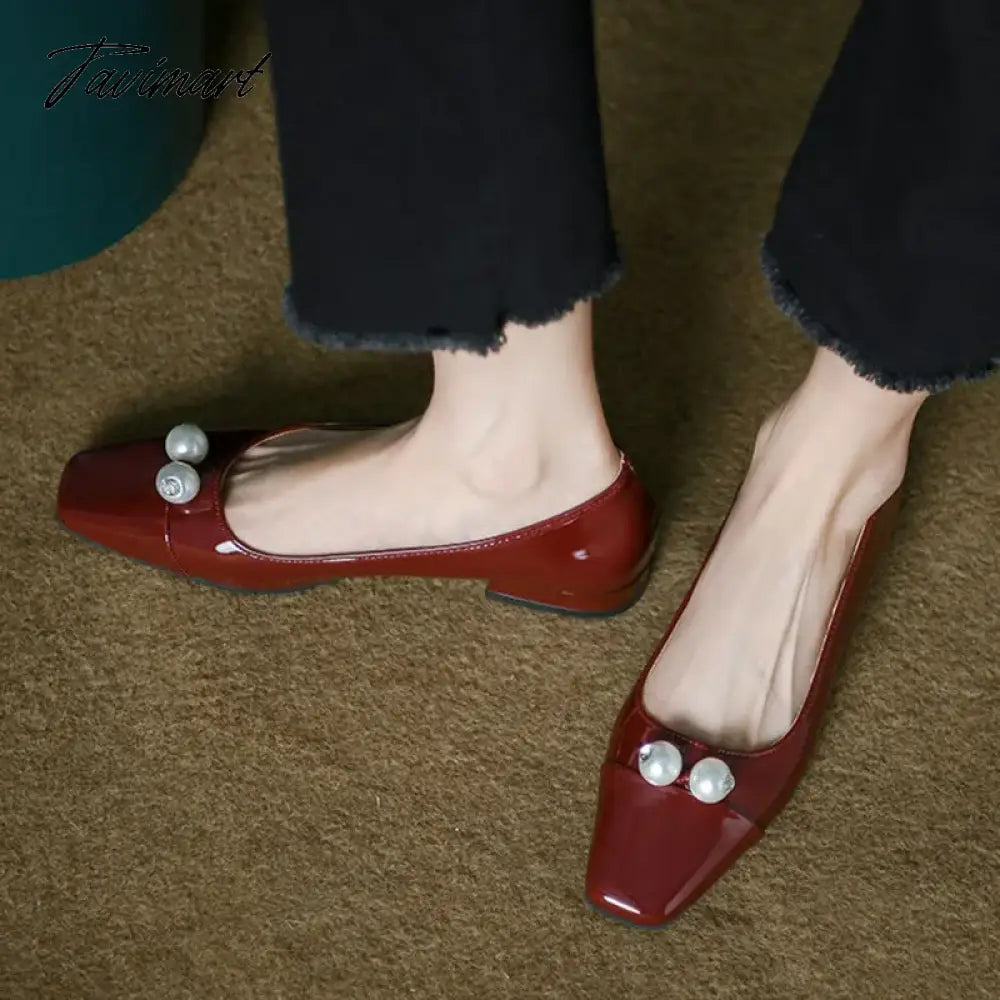 New Women's Flats Patent Leather Boat Shoes Square Toe Two Pearls Dress Shoes Low Heels Black Office Shallow Zapatos Mujer 1331N