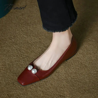 New Women's Flats Patent Leather Boat Shoes Square Toe Two Pearls Dress Shoes Low Heels Black Office Shallow Zapatos Mujer 1331N
