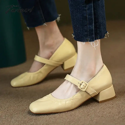 New Women's Mary Jane Shoes Pleated Leather Shoes for Female Ruffles Wedding Shoes Soft Mid Heels Pumps Zapatos Mujer 1414N
