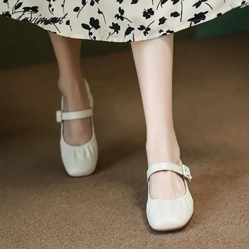 New Women's Mary Jane Shoes Pleated Leather Shoes for Female Ruffles Wedding Shoes Soft Mid Heels Pumps Zapatos Mujer 1414N