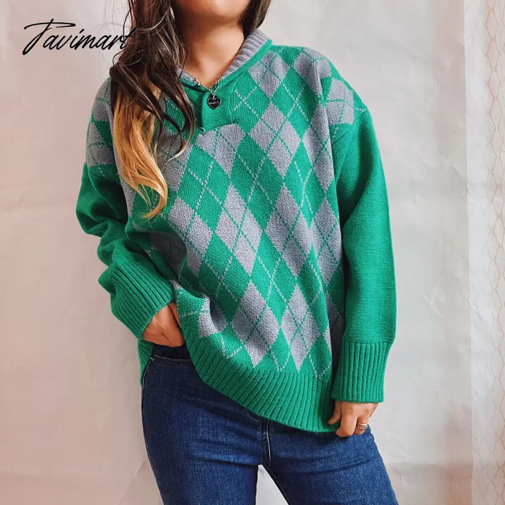 New Women Vintage Lattice Pullover Sweater Casual Lapel Long Sleeved Knit Top Autumn Winter Fashion Korean Style Sweater