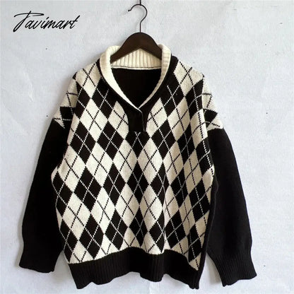 New Women Vintage Lattice Pullover Sweater Casual Lapel Long Sleeved Knit Top Autumn Winter Fashion Korean Style Sweater
