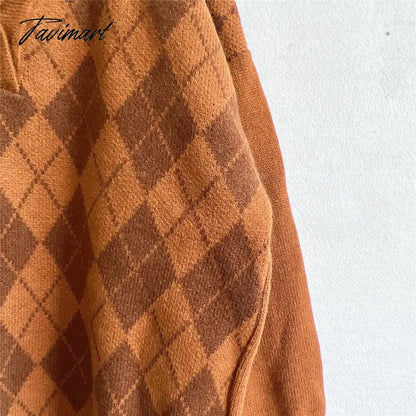 New Women Vintage Lattice Pullover Sweater Casual Lapel Long Sleeved Knit Top Autumn Winter Fashion Korean Style Sweater